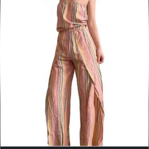 Anthropologie DREW Pink and Blue Strapless Sundress with Slits Linen Cotton - Picture 2 of 6